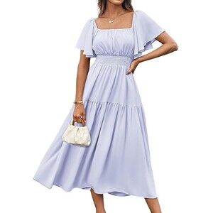 Square Neck Ruffle Sleeve Midi Dress GRACE KARIN Smocked Tiered Flowy